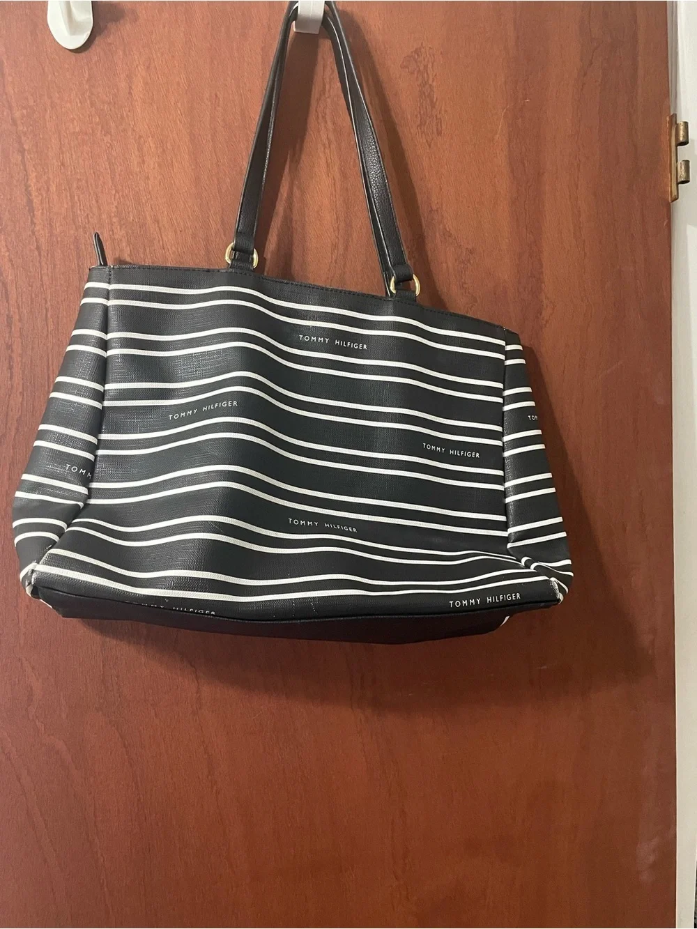 Tommy Hilfiger Black and White Striped Tote with Front Pocket